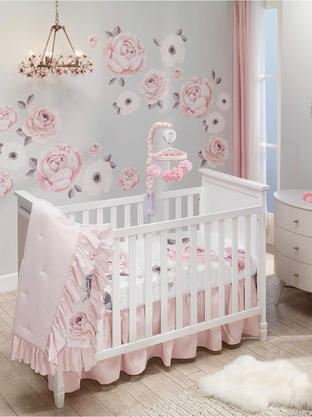 Lambs & Ivy Floral Garden Watercolor/Pink Linen 5-Piece Baby Crib Bedding Set